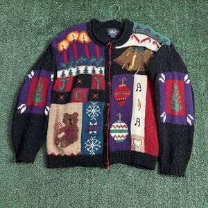 Woolrich Sweater Womens Large Gray Multi Christmas Ugly Cardigan Handknit Bear